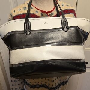 Lauren Ralph Lauren Leather Tote Bag Large Black White Clear Stripes Zip Top